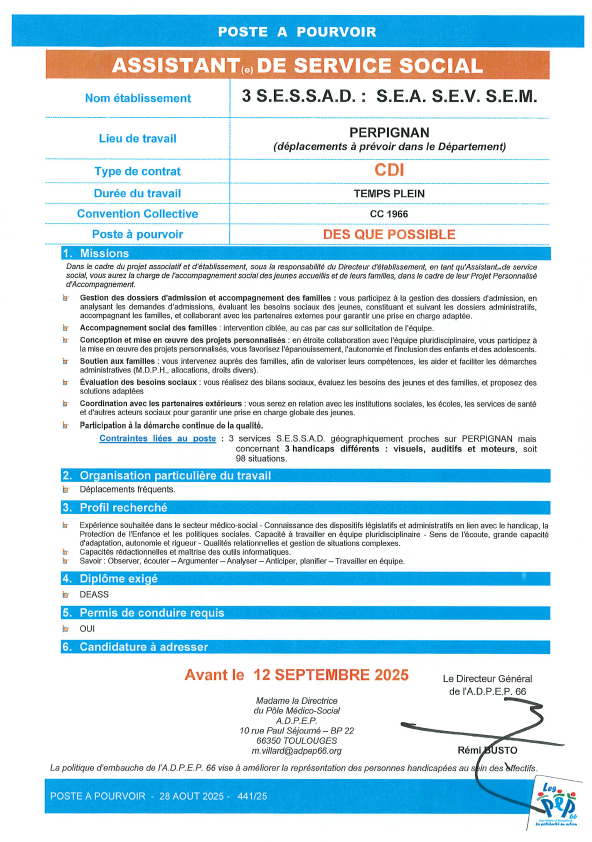 Assistant ou assistante de service social pour 3 S.E.S.S.A.D : S.E.A. S.E.V. et S.E.M. à Perpignan à L'ADPEP66