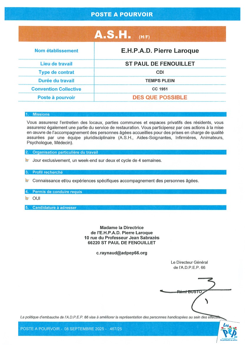 A.S.H. EHPAD Pierre Laroque à Saint Paul de Fenouillet de l'ADPEP66