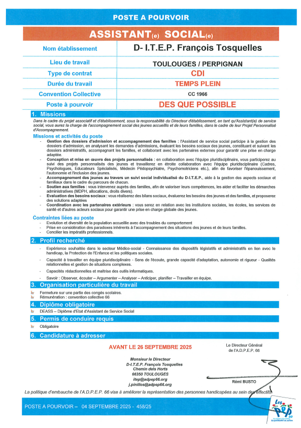 Assistant social D-ITEP à Toulouges de ADPEP66
