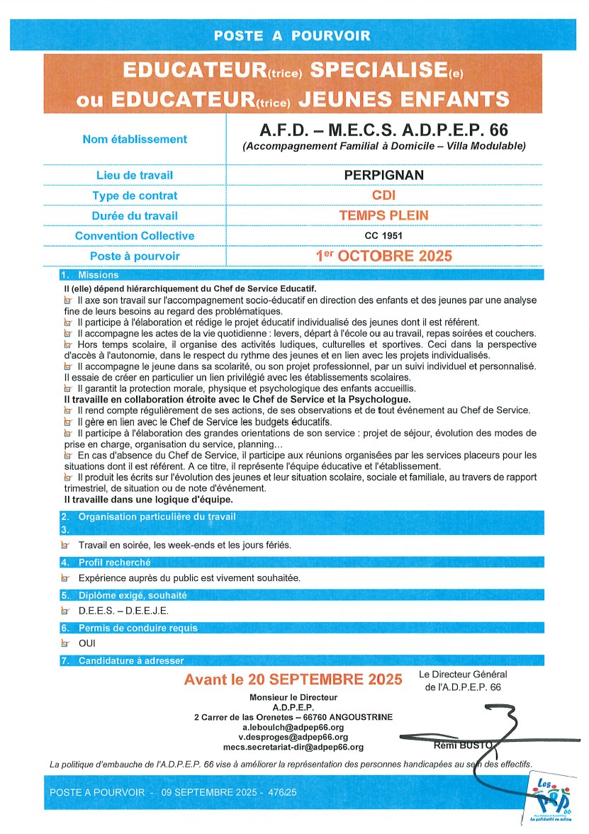 Éducateur spécialisé ou éducateur jeunes enfants à l'A.F.D. M.E.C.S. à Perpignan, de l'ADPEP66