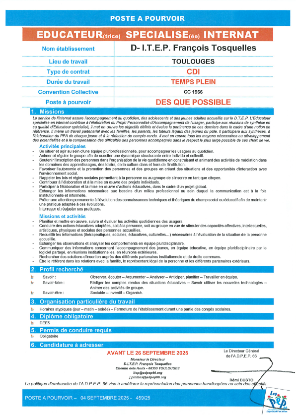 Éducateur spécialisé internant au D-I.T.E.P. à Toulouges de l'ADPEP66