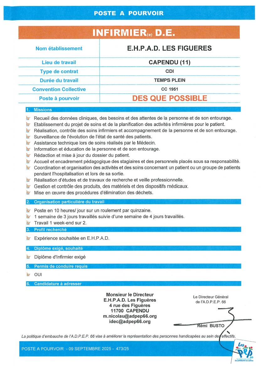 Infirmier ou infirmière D.E. EHPAD Les Figuères à Capendu de l'ADPEP66