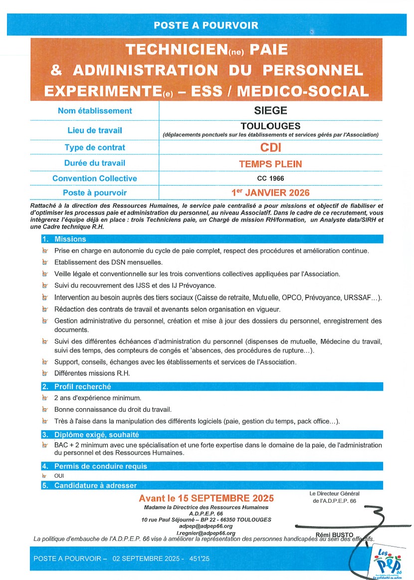 Technicien ou technicienne paie et administration du personnel expérimenté - E.S.S./Médico social - au siège de l'Association ADPEP 66