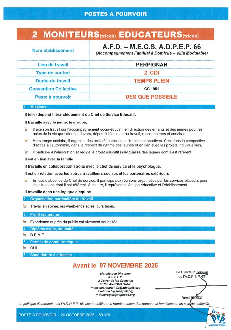 2 postes moniteurs éducateurs à l'A.F.D. M.E.C.S. à Perpignan de l'ADPEP66