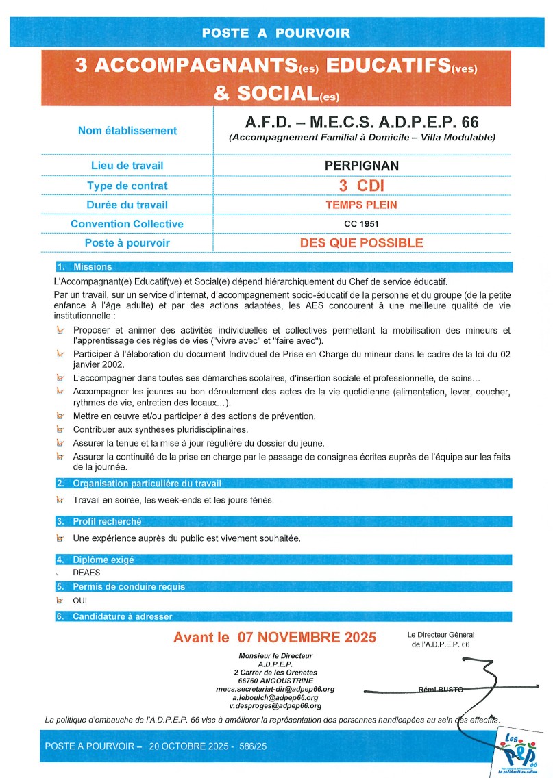 3 postes d'accompagnant éducatif et social à l'A.F.D. M.E.C.S. de l'ADPEP66