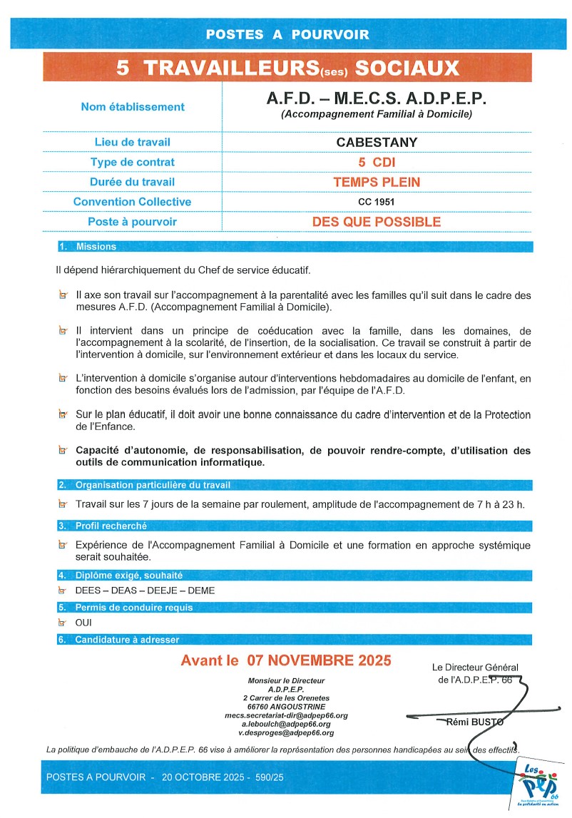 5 travailleurs sociaux à l'A.F.D. M.E.C.S. - Cabestany de l'ADPEP66