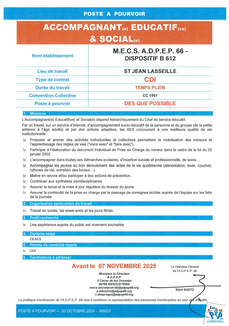 Accompagnant éducatif et social M.E.C.S. dispositif B612 de l'ADPEP66