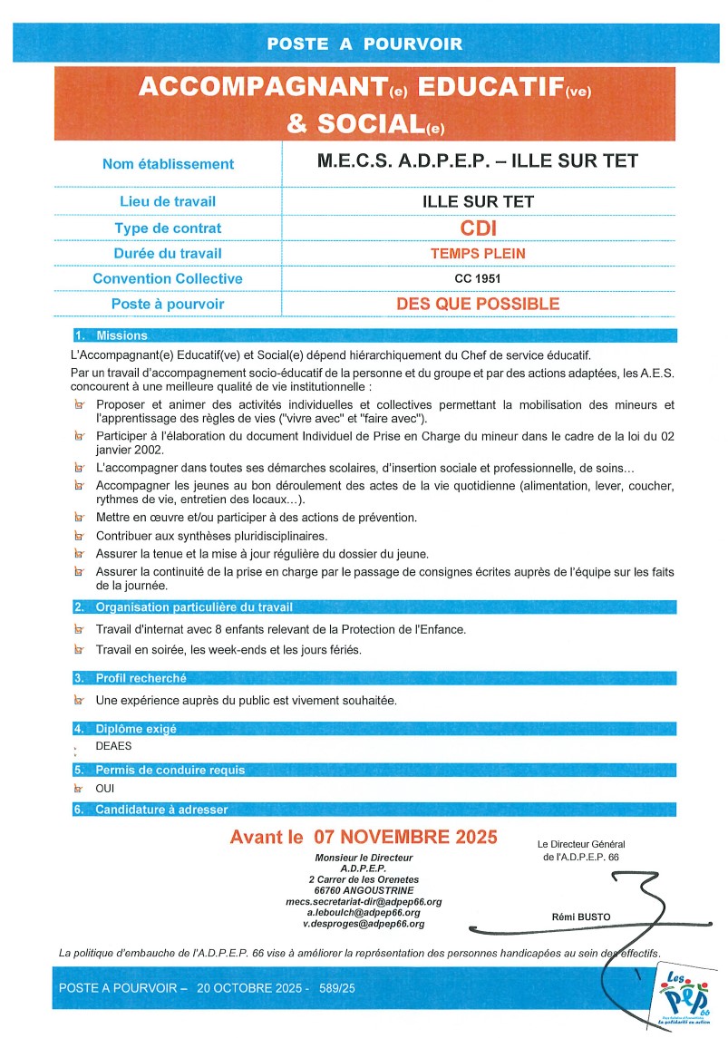 Accompagnant éducatif et social  M.E.C.S. à Ille-sur-Têt - ADPEP66