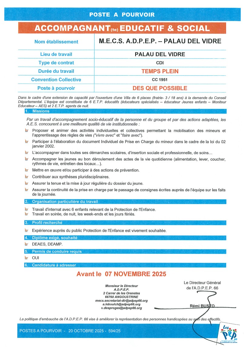 Accompagnant éducatif et social en M.E.C.S. à Palau Del Vidre - ADPEP66