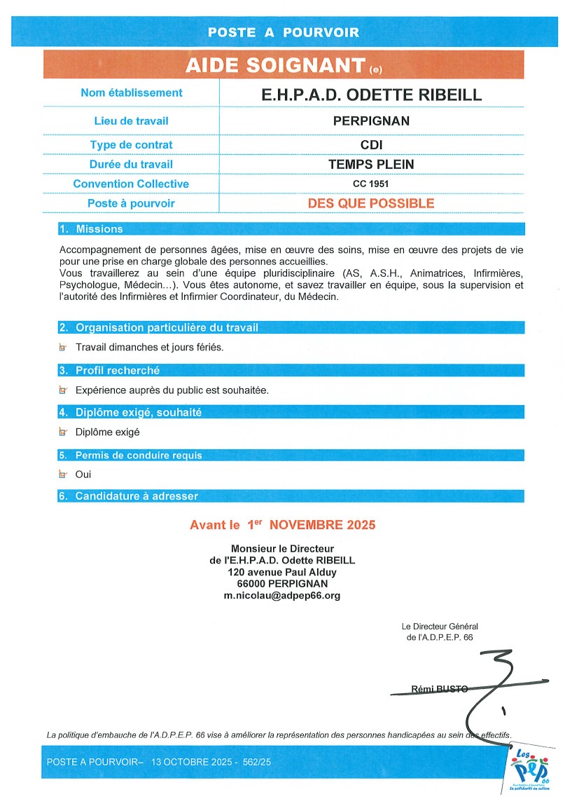 Aide soignant EHPAD Odette Ribeill à Perpignan de l'ADPEP66