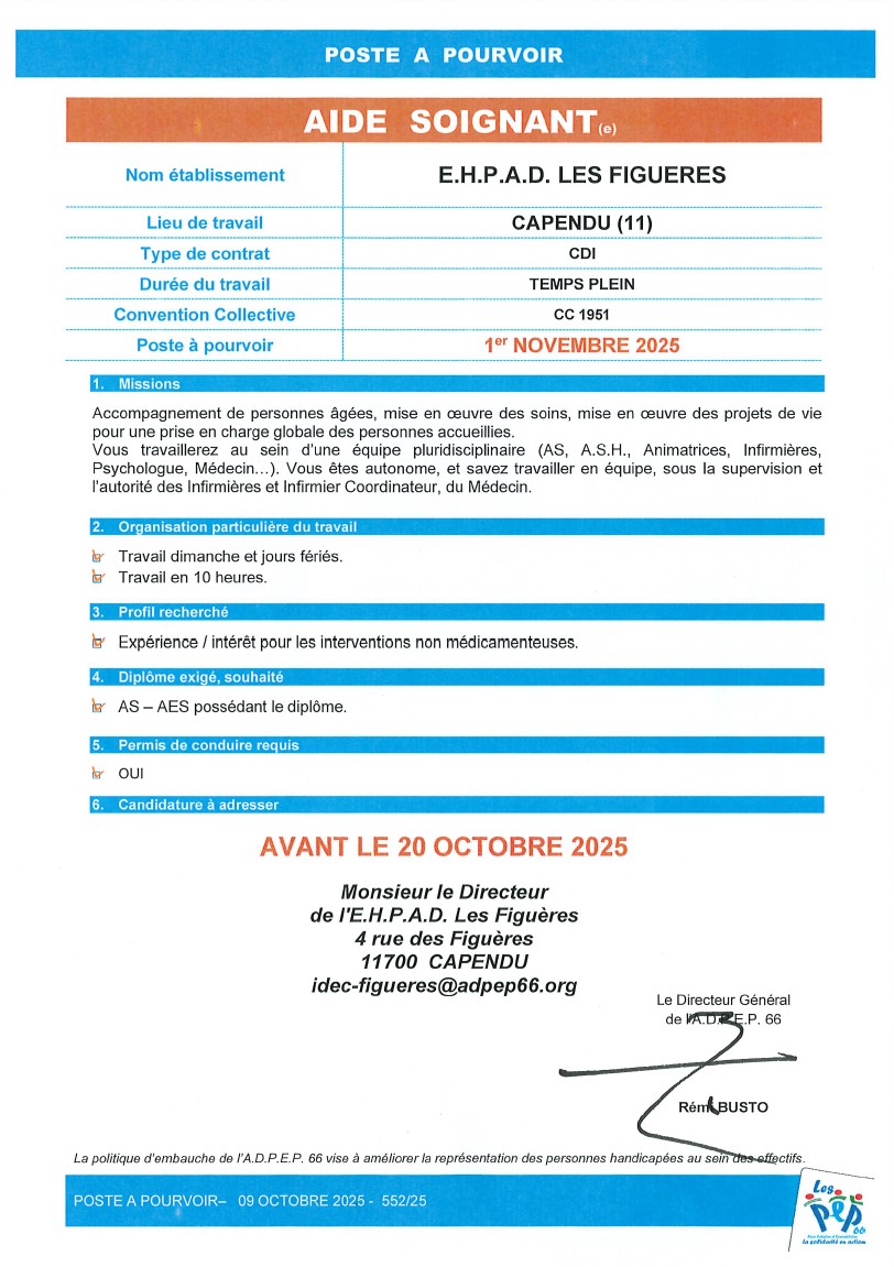 Aide soignant EHPAD Saint Paul de Fenouillet Capendu de l'ADPEP66