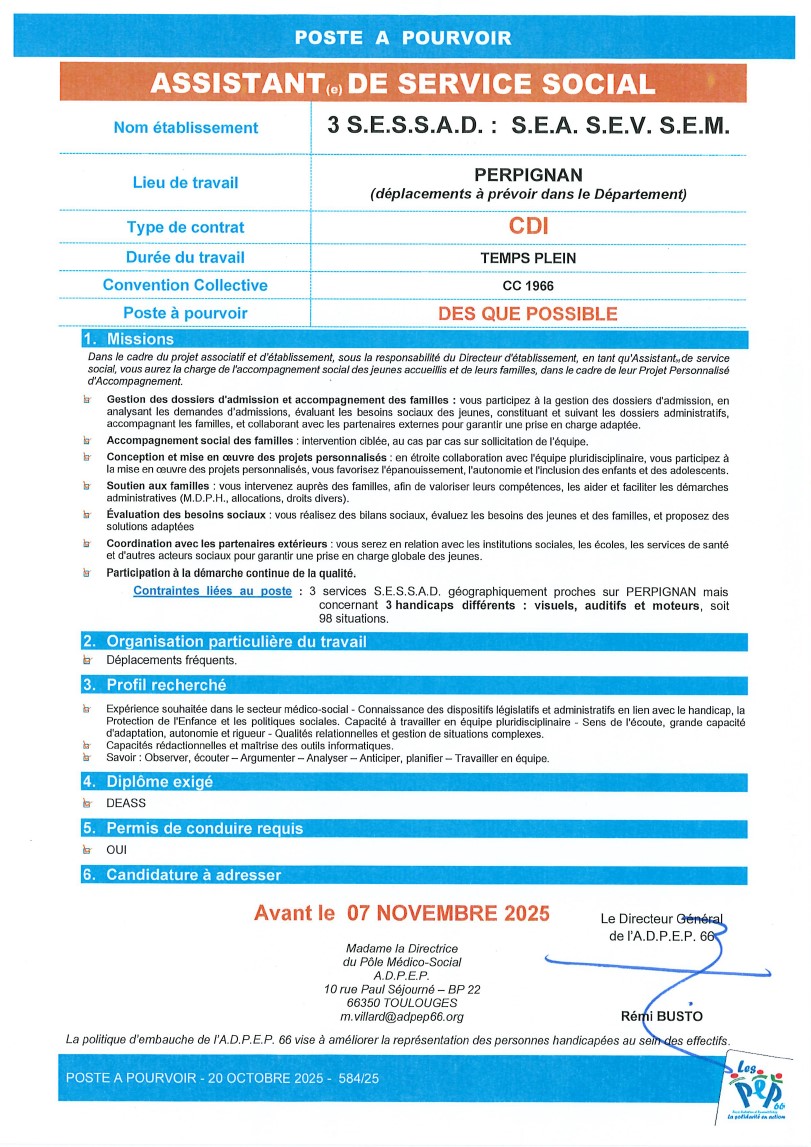 Assistant service social S.E.A. S.E.V. S.E.M. Perpignan de l'ADPEP66