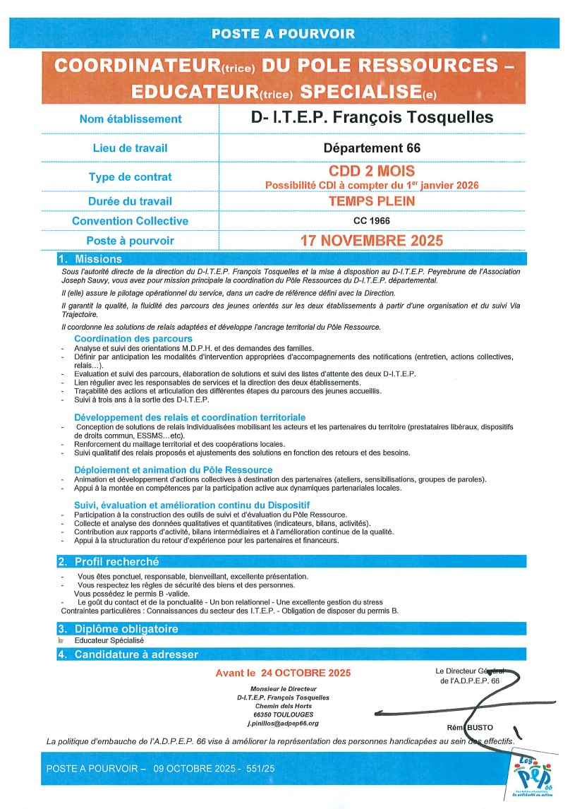 Coordinateur pole ressource éducateur spécialisé D-ITEP à Toulouges de l'ADPEP66