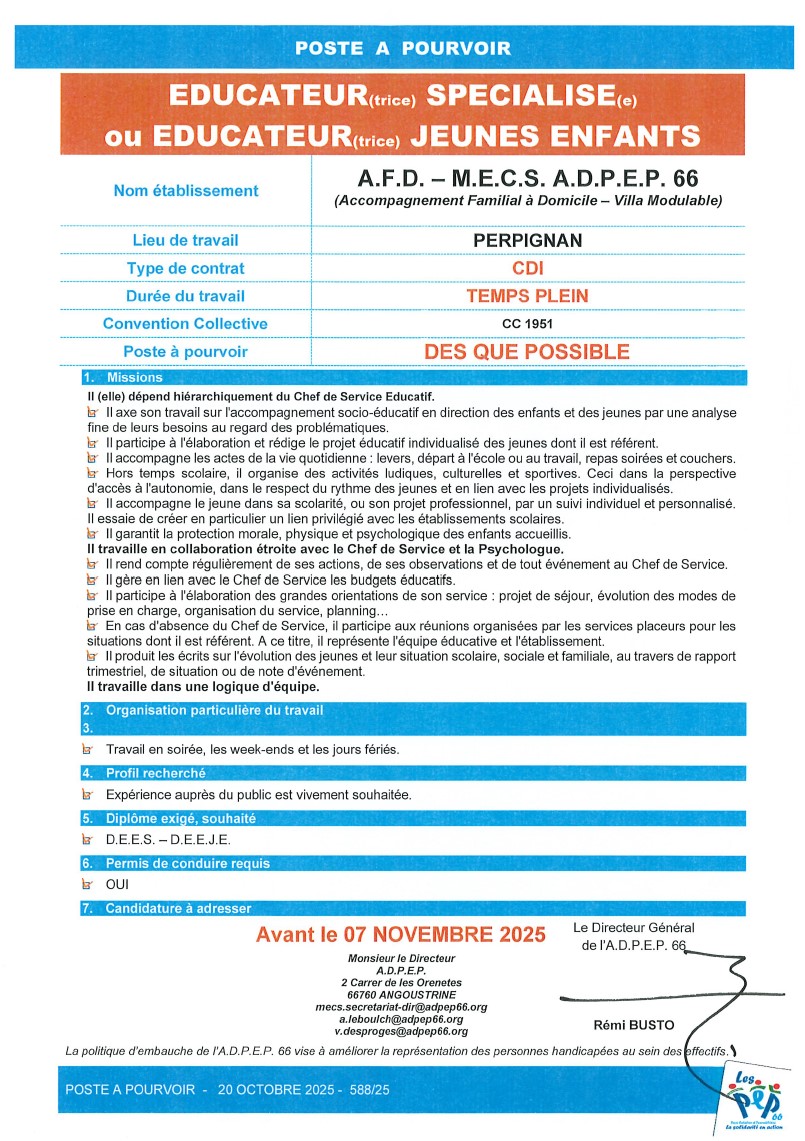 Educateur spécialisé ou éducateur jeunes enfants A.F.D. M.E.C.S. à Cabestany, de l'ADPEP66