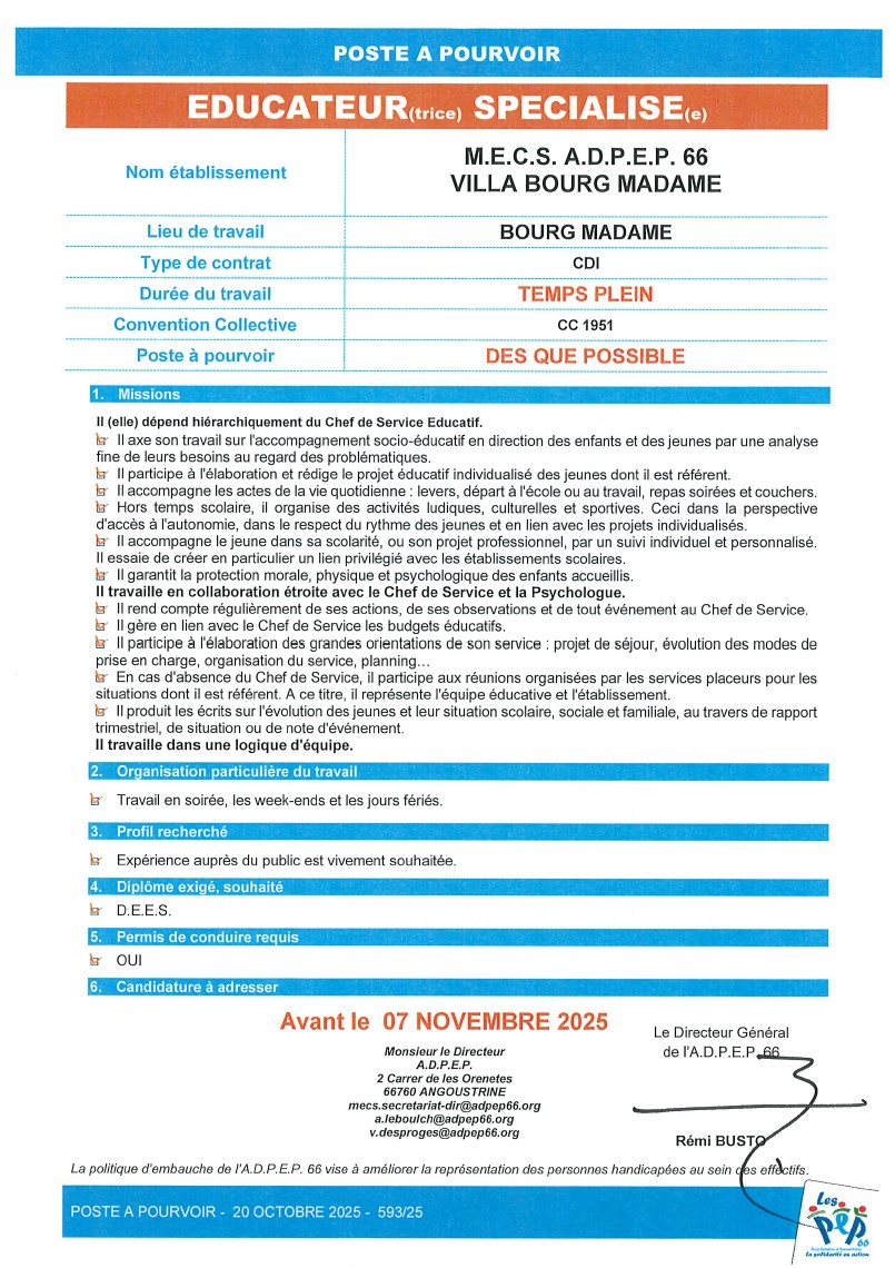 Educateur spécialisé en M.E.C.S. à Bourg Madame - ADPEP66