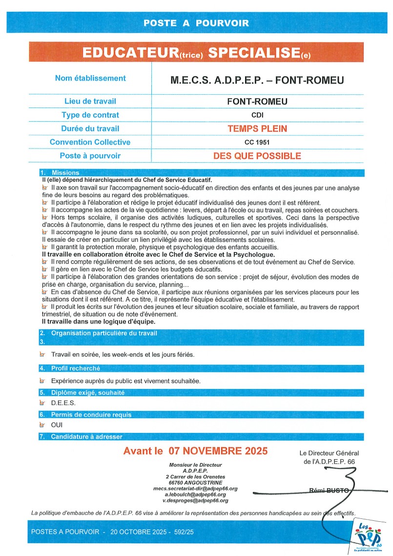 Educateur spécialisé M.E.C.S. Font-Romeu de l'ADPEP66