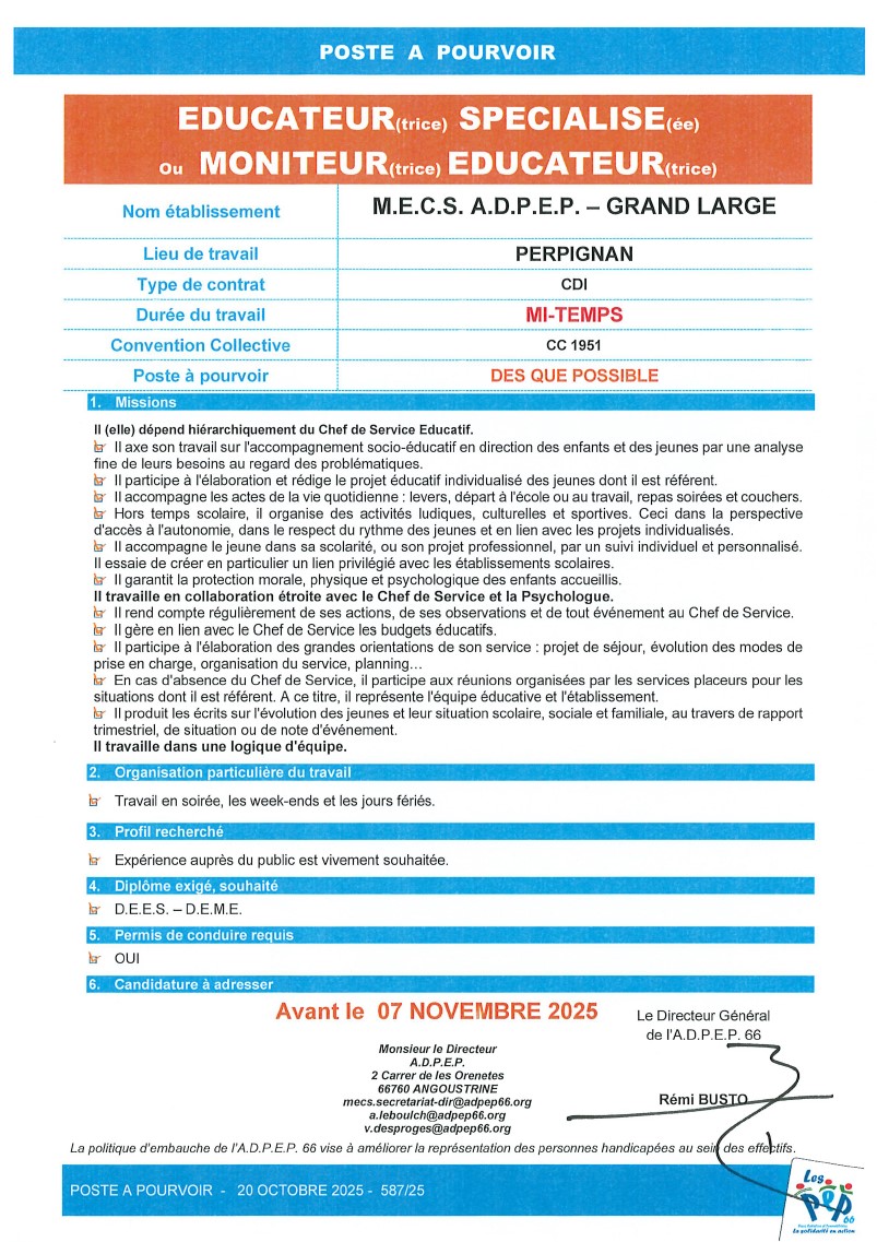 éducateur spécialisé ou moniteur éducateur en M.E.C.S. Grand Large à Perpignan - ADPEP66