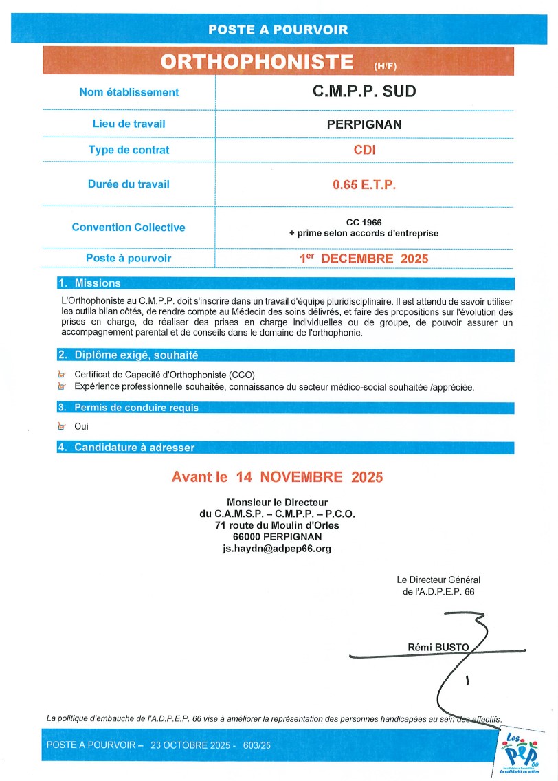 Orthophoniste au C.M.P.P. à Perpignan de l'ADPEP66