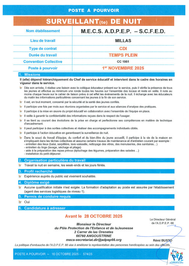 Surveillant de nuit en M.E.C.S. Villa S.C.F.E.D. à Millas de l'ADPEP66