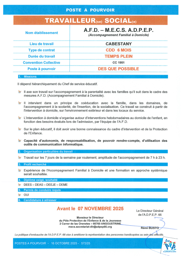 Travailleur social A.F.D. de la M.E.C.S. à Cabestany de l'ADPEP66