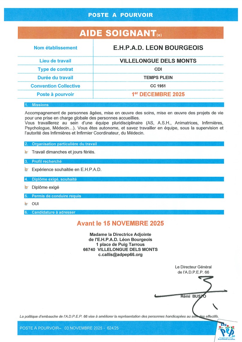 Aide soignant E.H.P.A.D. Léon Bourgeois à Villelongue Dels Monts de l'ADPEP66