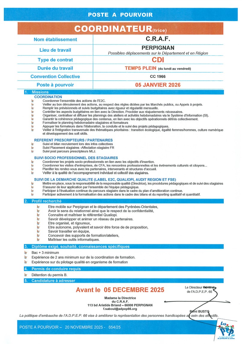 Coordinateur au C.R.A.F. de l'ADPEP66