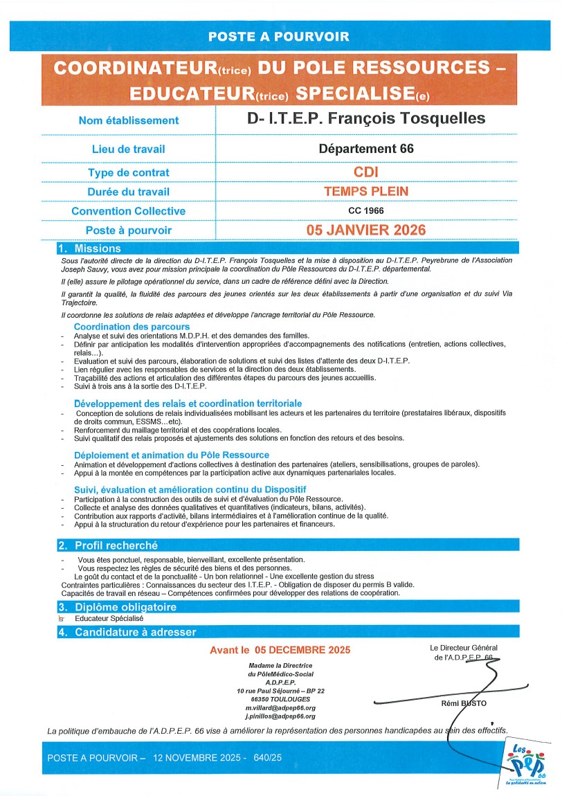 Coordinateur pole ressource éducateur spécialisé D-ITEP à Toulouges de l'ADPEP66