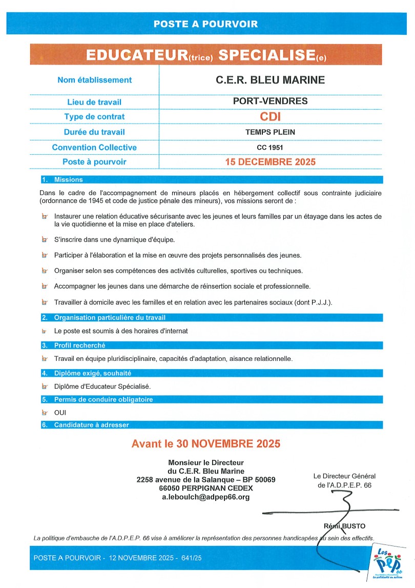 Éducateur spécialisé C.E.R. Bleu Marine à Port-Vendres de l'ADPEP66
