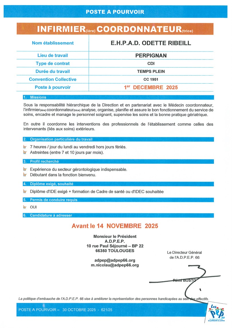 Infirmier coordinateur E.H.P.A.D. Odette Ribeill à Perpignan - ADPEP66