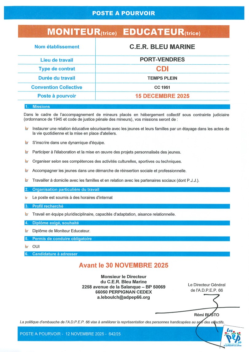 Moniteur éducateur C.E.R. Bleu Marine à Port-Vendres de l'ADPEP66