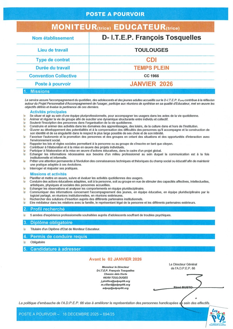 Moniteur éducateur au D-ITEP François Tosquelles à Toulouges de l'ADPEP66