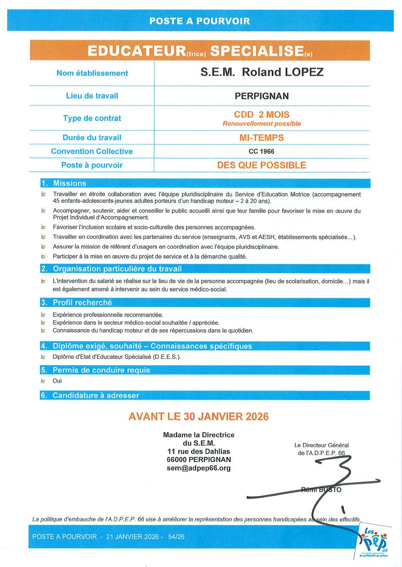 Educateur spécialisé CDD 2 mois, S.E.M. Roland Lopez à Perpignan - ADPEP66