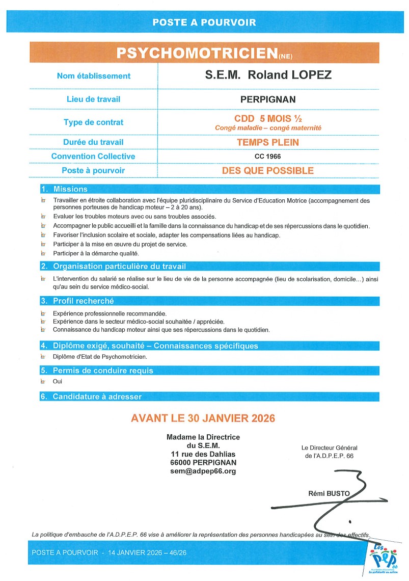 Psychomotricien en CDD de 5 mois 1/2 au S.E.M. Roland LOPEZ à Perpignan - ADPEP66